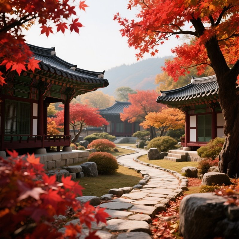 A Peaceful Autumn Scene Of A Korean Palace Garden, Maple Leaves Turning Fiery Red, Stone Pathways
