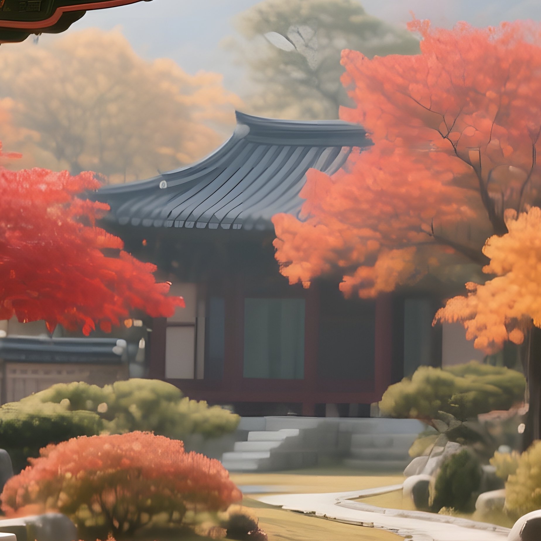A Peaceful Autumn Scene Of A Korean Palace Garden, Maple Leaves Turning Fiery Red, Stone Pathways - Full Resolution Quality Preview