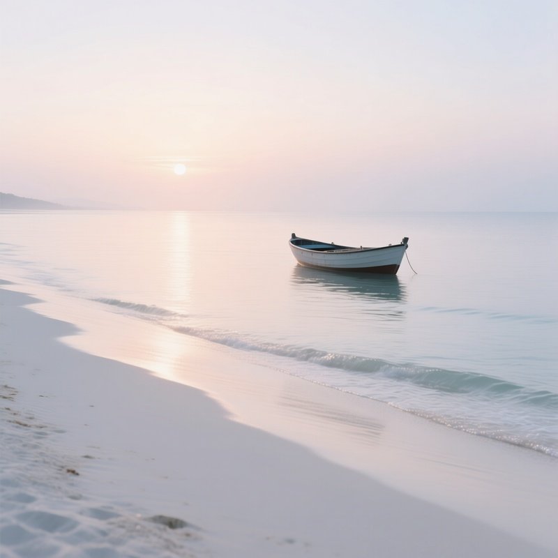 A Peaceful Beach At Dawn, With The First Light Of Day Casting A Soft Glow On The Water, A Lone Boat