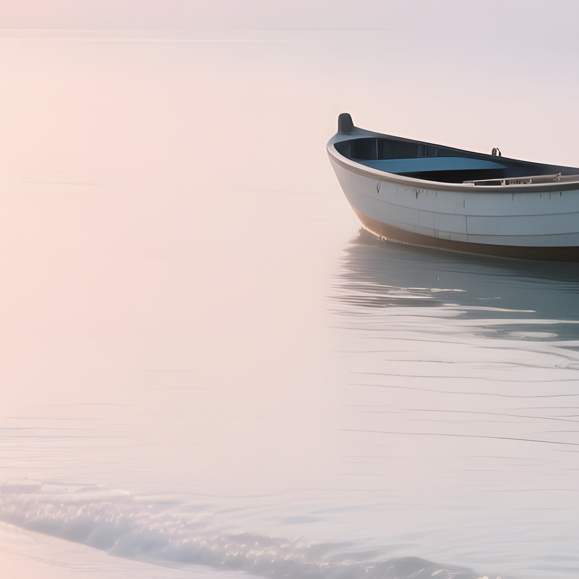A Peaceful Beach At Dawn, With The First Light Of Day Casting A Soft Glow On The Water, A Lone Boat - Full Resolution Quality Preview