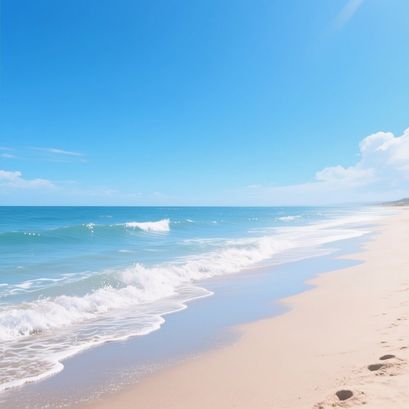 A Peaceful Beach At Midday, With A Clear Blue Sky, Gentle Waves Lapping At The Shore, And A Sense