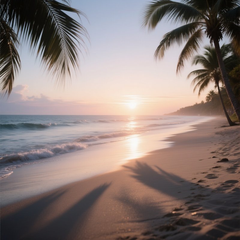 A Peaceful Beach At Twilight, With The Last Rays Of The Sun Creating Long Shadows On The Sand, A