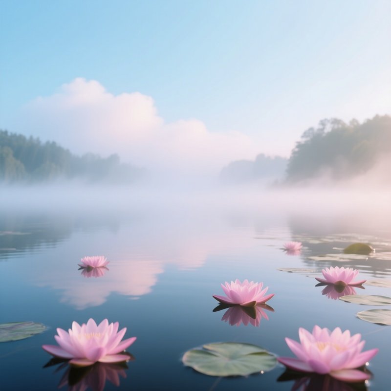 A Peaceful Early Morning Scene With Mist Hovering Above A Lake, Delicate Pink Water Lilies Floating