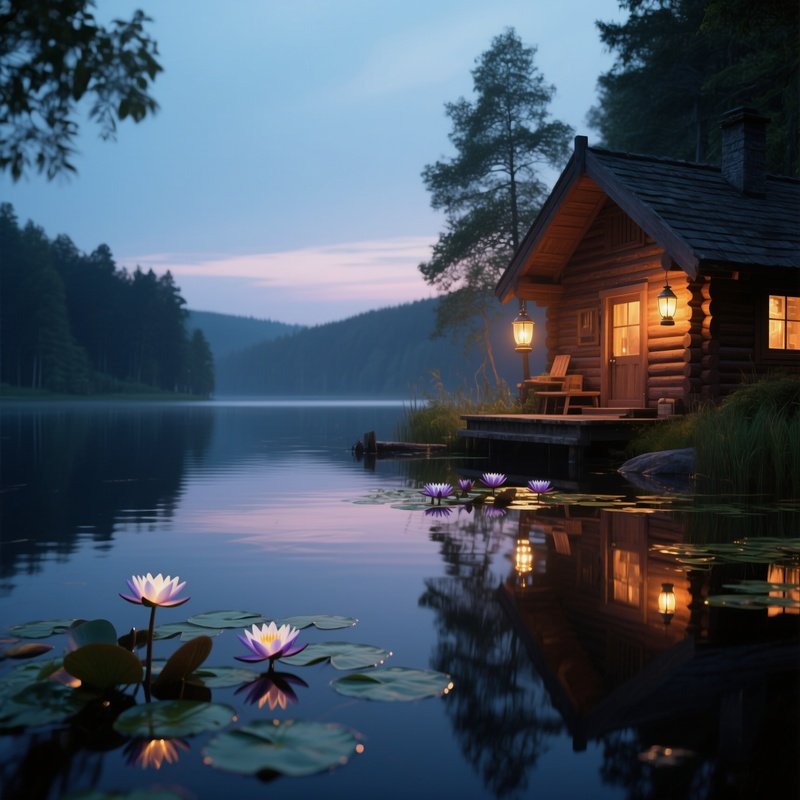 A Peaceful Evening On A Calm Lake Beside A Wooden Cabin, Lantern Light Spilling Onto Water Lilies,
