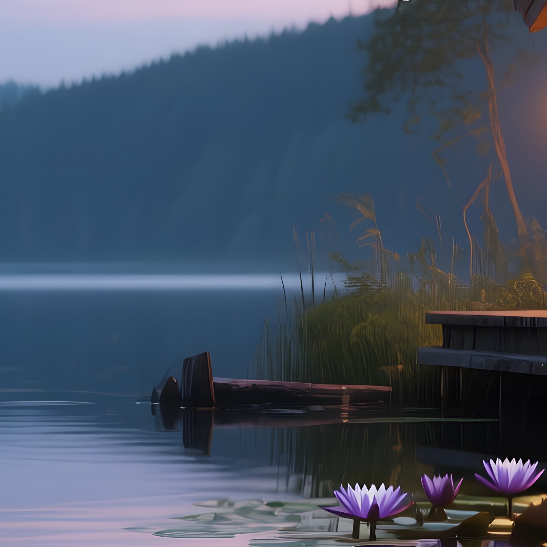 A Peaceful Evening On A Calm Lake Beside A Wooden Cabin, Lantern Light Spilling Onto Water Lilies, - Full Resolution Quality Preview