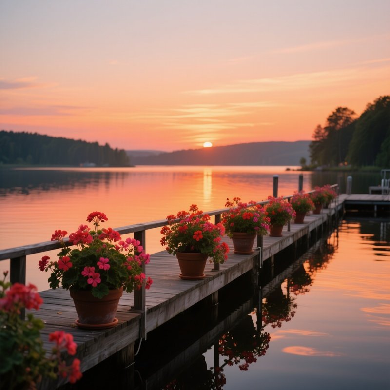 A Peaceful Lake Dock At Sunset, Potted Geraniums Spilling Over The Railings, Reflections Of Orange