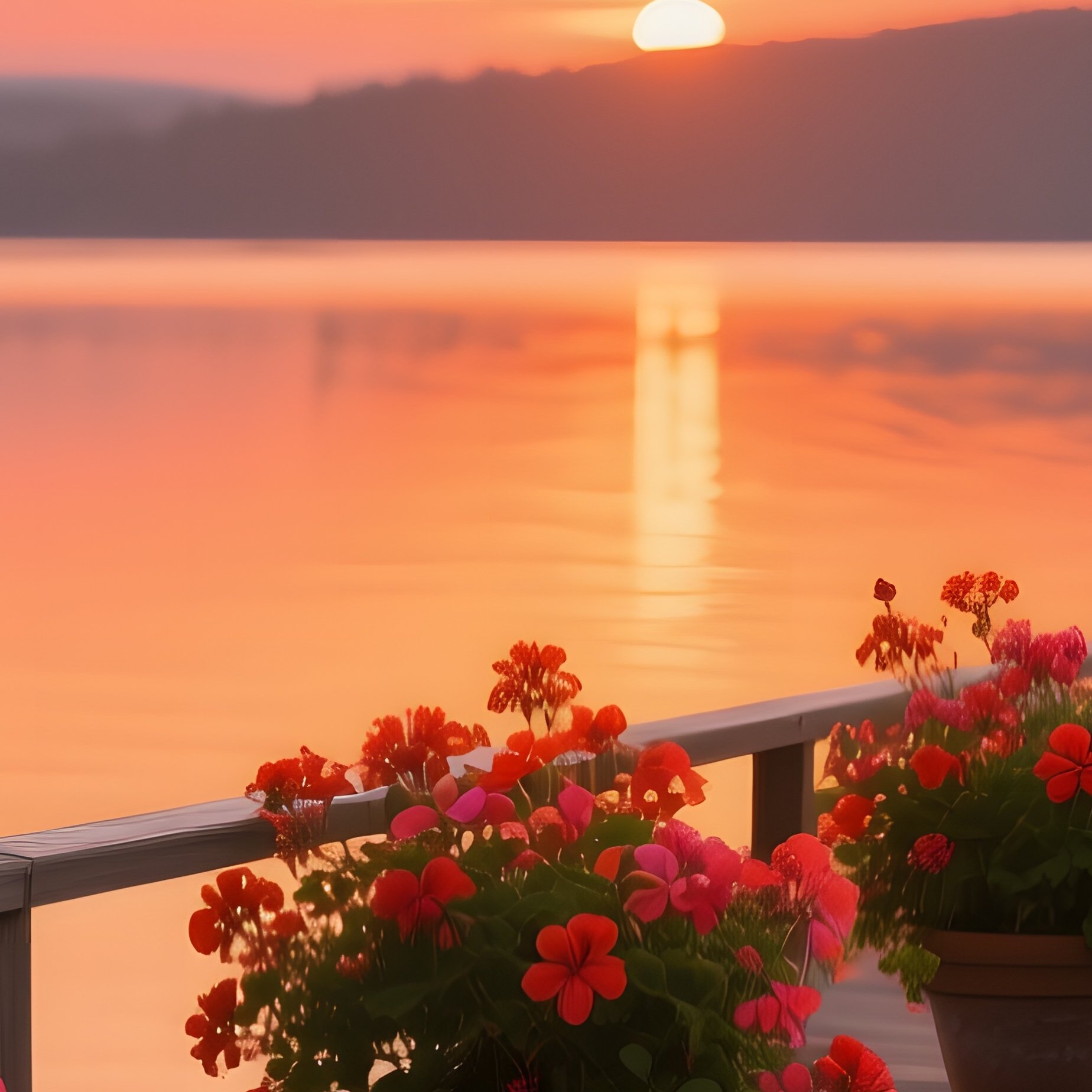A Peaceful Lake Dock At Sunset, Potted Geraniums Spilling Over The Railings, Reflections Of Orange - Full Resolution Quality Preview
