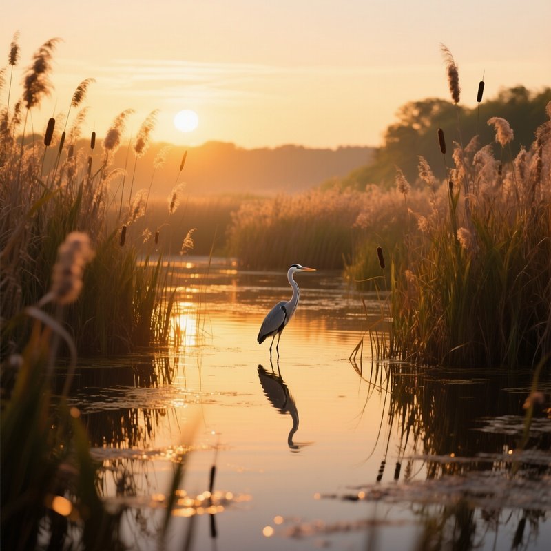 A Peaceful Marshland At Golden Hour, Cattails Swaying, Water Reflecting Amber Light, And Herons