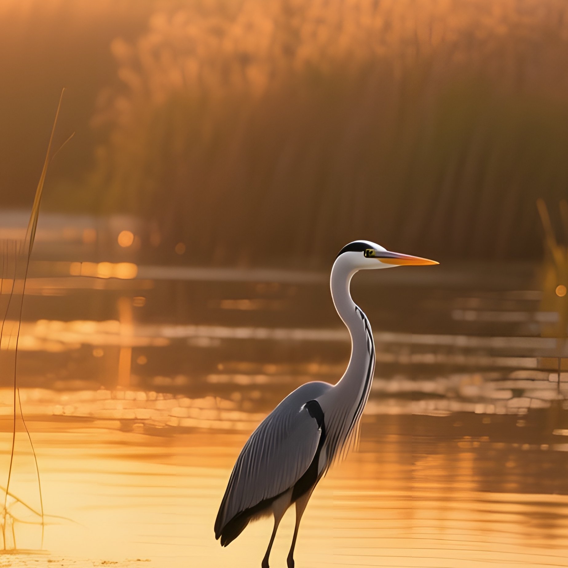 A Peaceful Marshland At Golden Hour, Cattails Swaying, Water Reflecting Amber Light, And Herons - Full Resolution Quality Preview