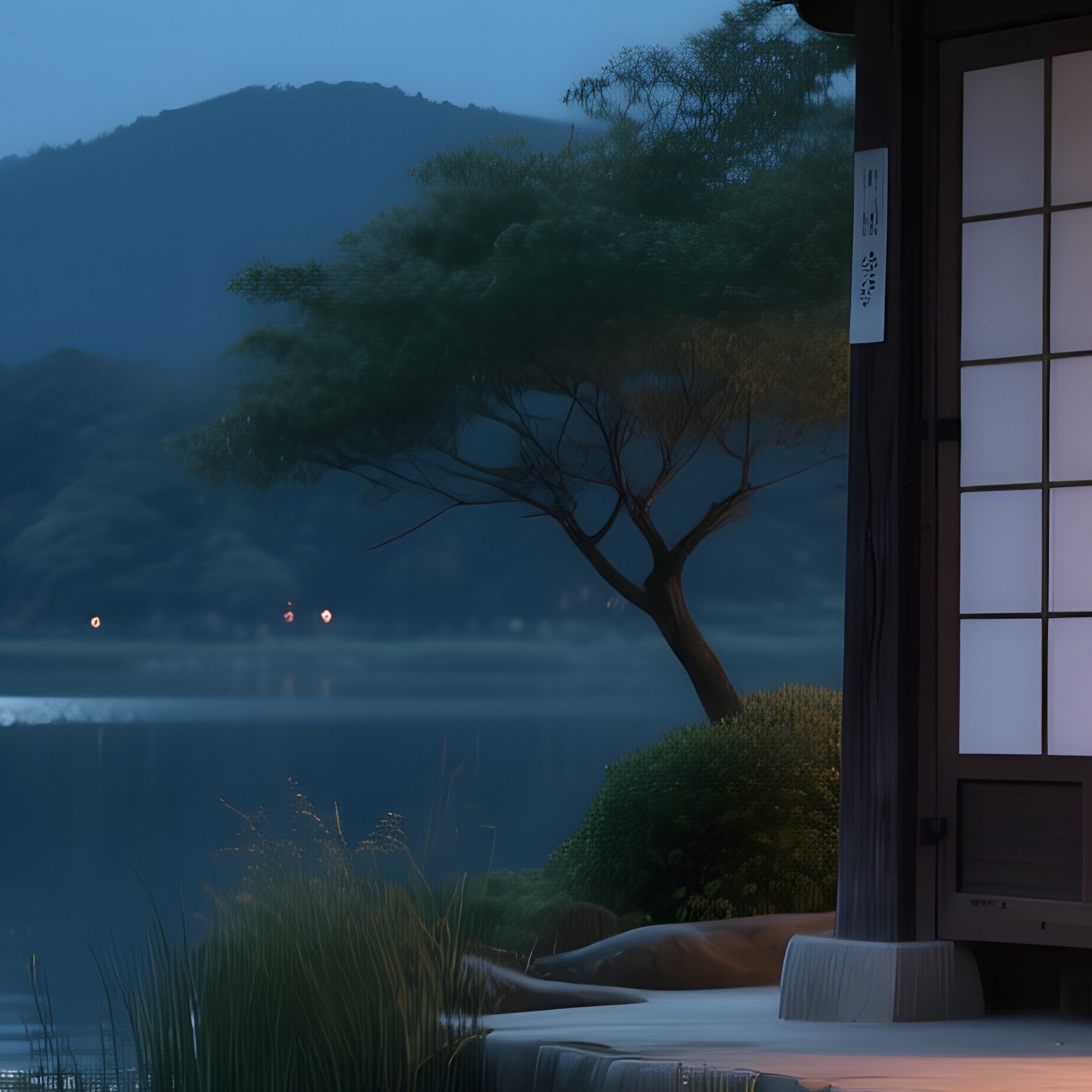 A Peaceful Moonlit Scene At A Korean Hanok By A Lake, Paper Doors Open To Reveal Warm Interior - Full Resolution Quality Preview