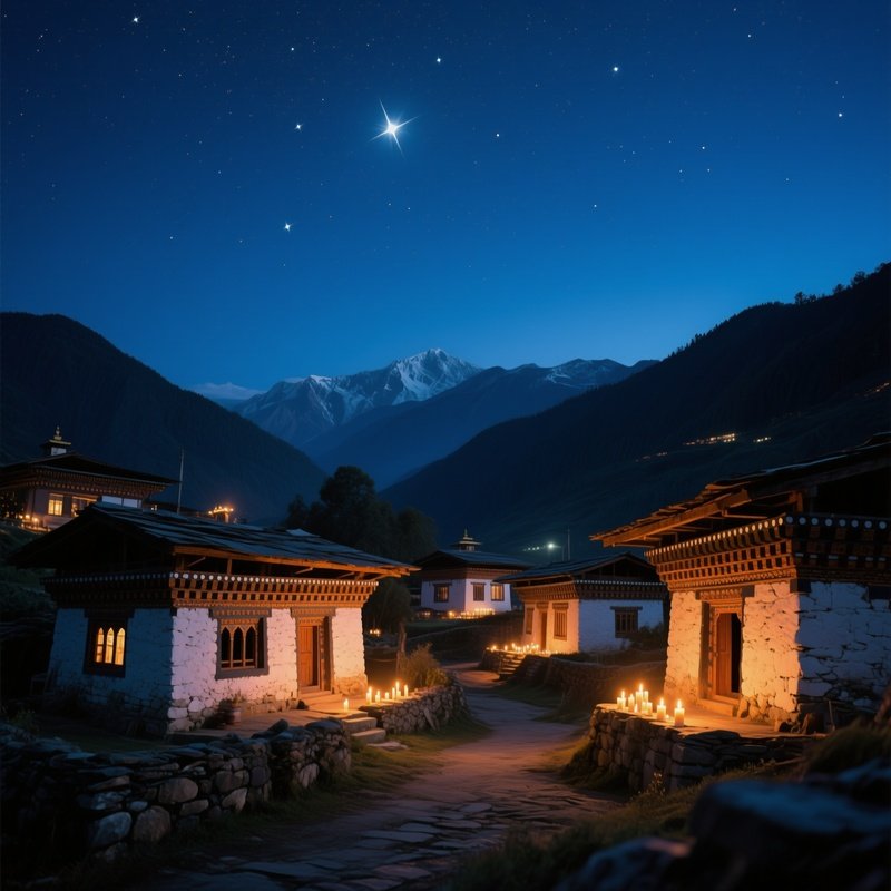 A Peaceful Night At A Bhutanese Village, Stone Houses Lit By Candlelight, Stars Bright Above The