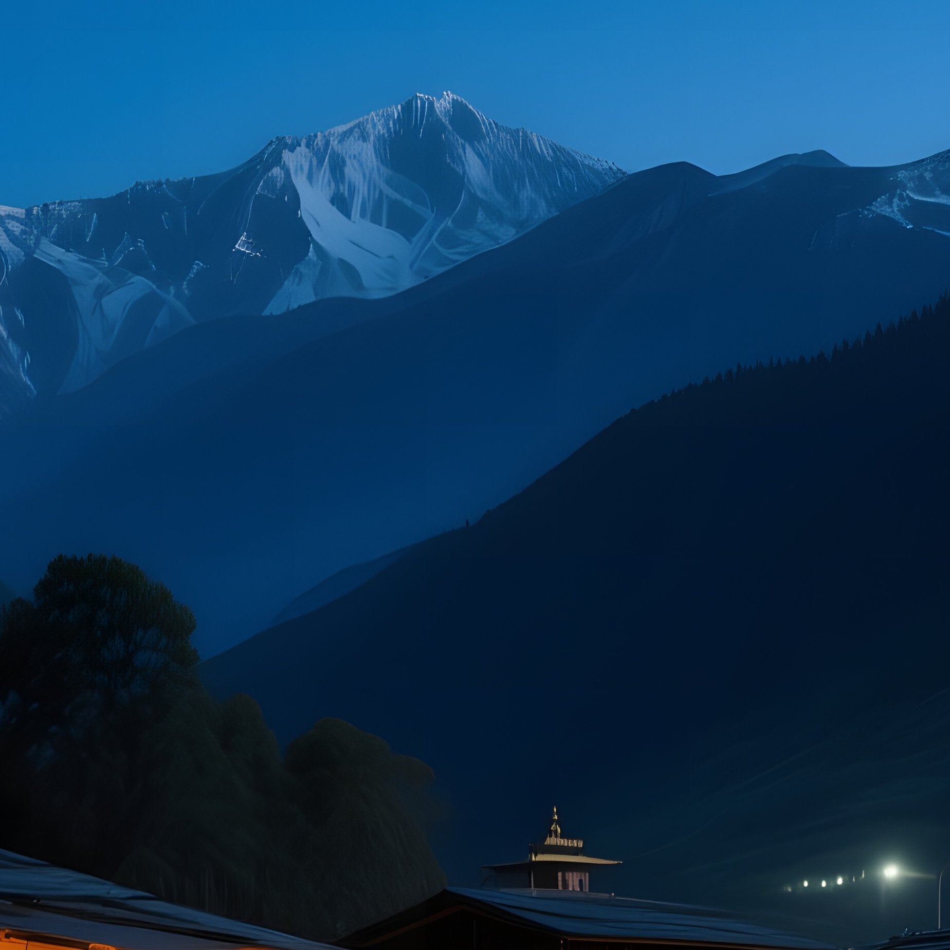 A Peaceful Night At A Bhutanese Village, Stone Houses Lit By Candlelight, Stars Bright Above The - Full Resolution Quality Preview