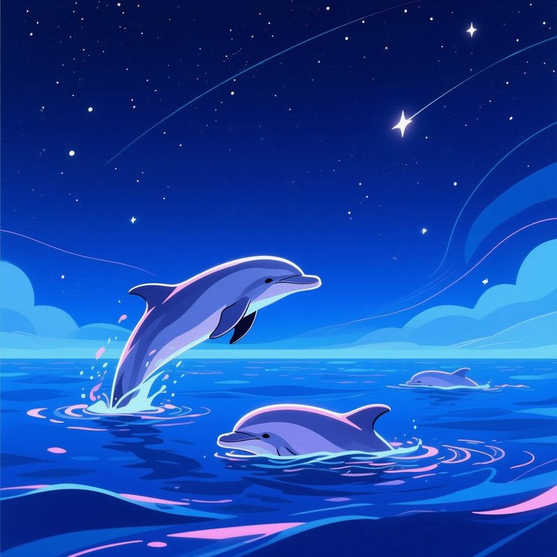 A Peaceful Night Scene Where Dolphins Swim Under A Starry Sky, Their Graceful Movements And The
