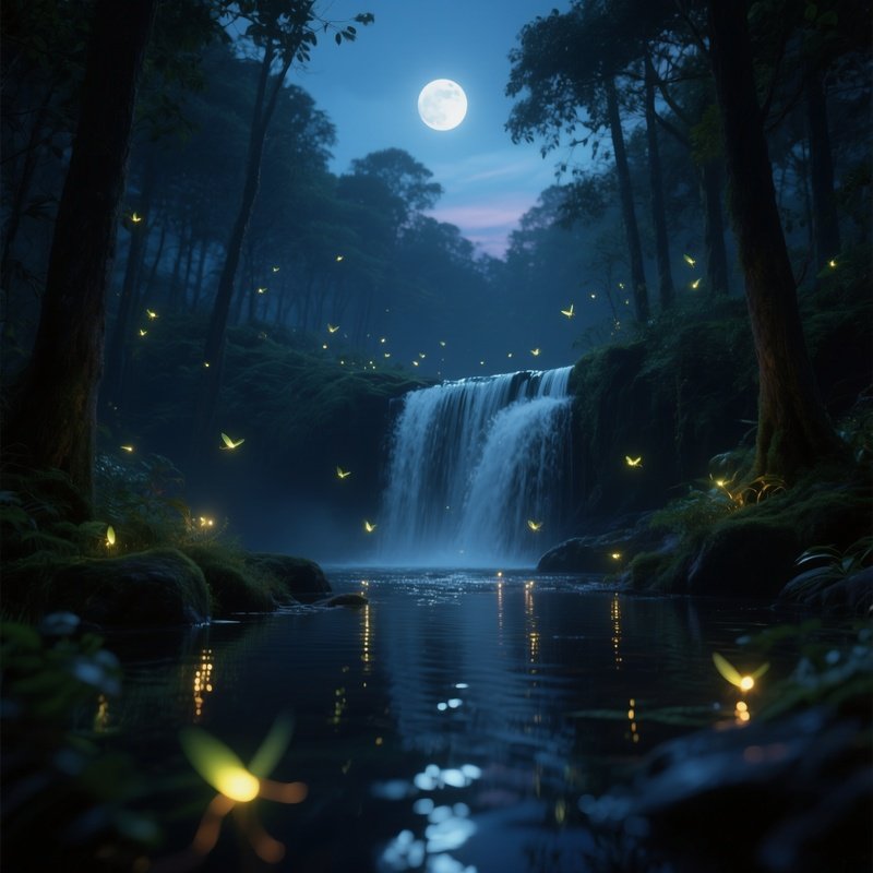 A Peaceful Nightfall Where Fireflies Hover Around A Gentle Waterfall In A Moonlit Forest, Soft