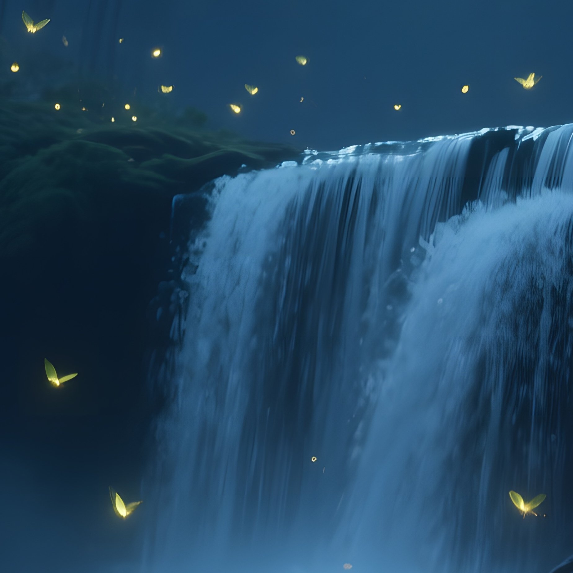 A Peaceful Nightfall Where Fireflies Hover Around A Gentle Waterfall In A Moonlit Forest, Soft - Full Resolution Quality Preview