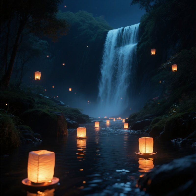A Peaceful Nightscape Where Lanterns Float Downstream From A Waterfall, Their Warm Glow