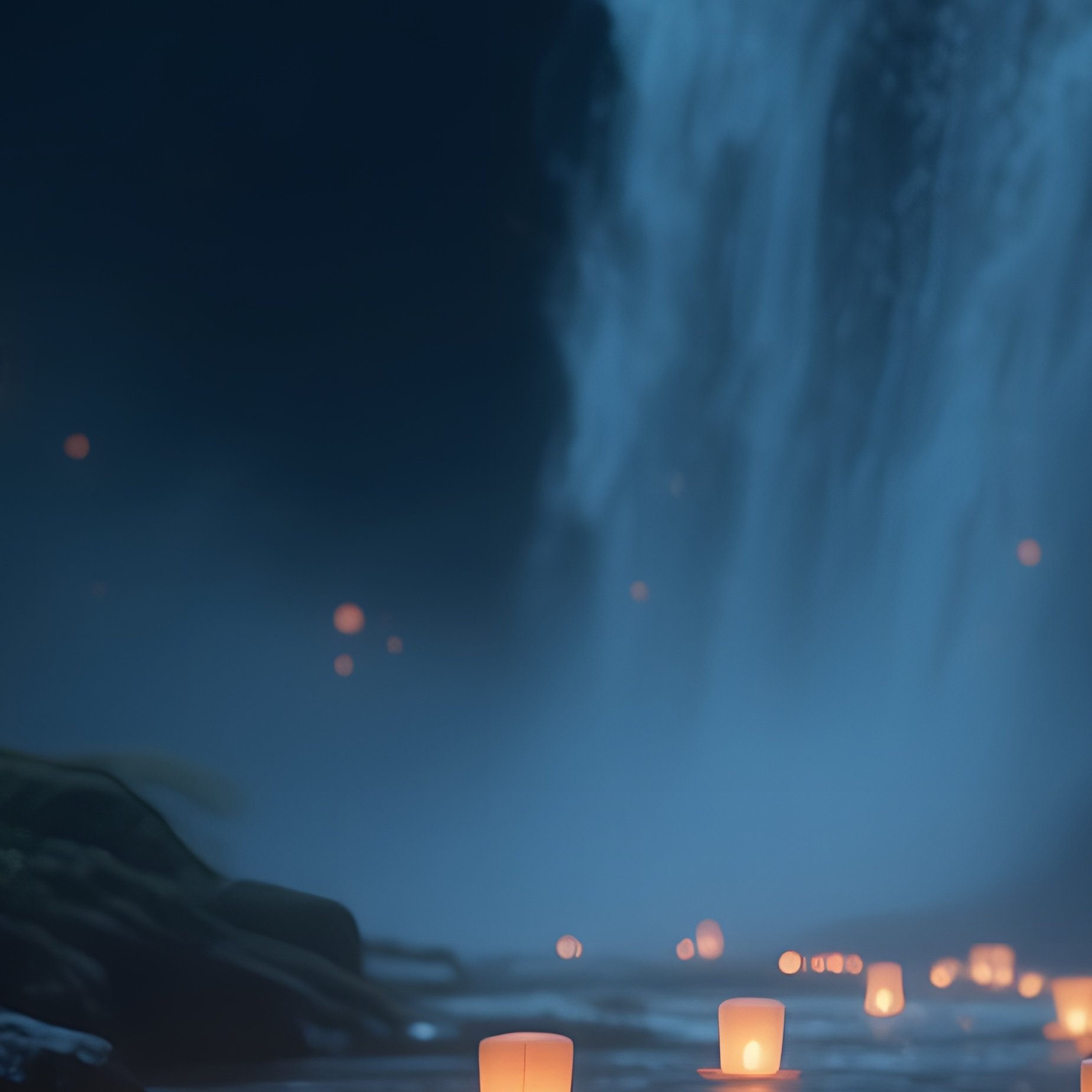 A Peaceful Nightscape Where Lanterns Float Downstream From A Waterfall, Their Warm Glow - Full Resolution Quality Preview