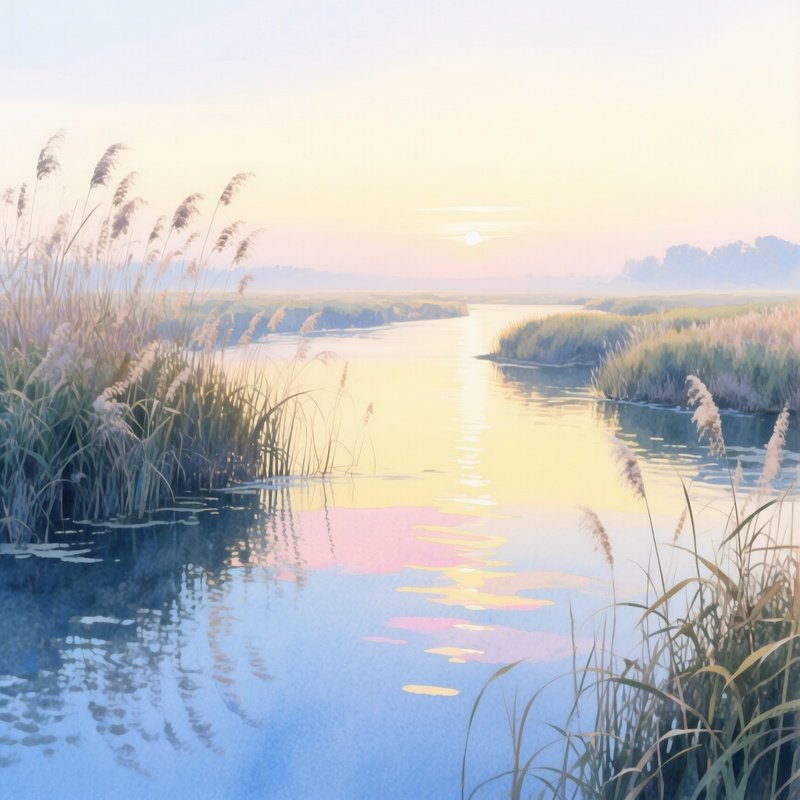 A Peaceful River Delta At Sunrise, Reeds Swaying, Water Shimmering With Pastel Reflections,