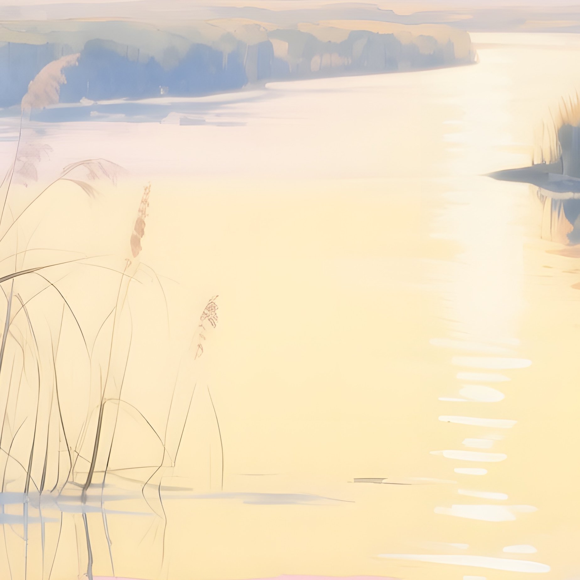 A Peaceful River Delta At Sunrise, Reeds Swaying, Water Shimmering With Pastel Reflections, - Full Resolution Quality Preview