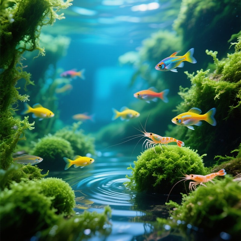 A Peaceful Scene Of Guppies And Shrimp Among Moss Balls