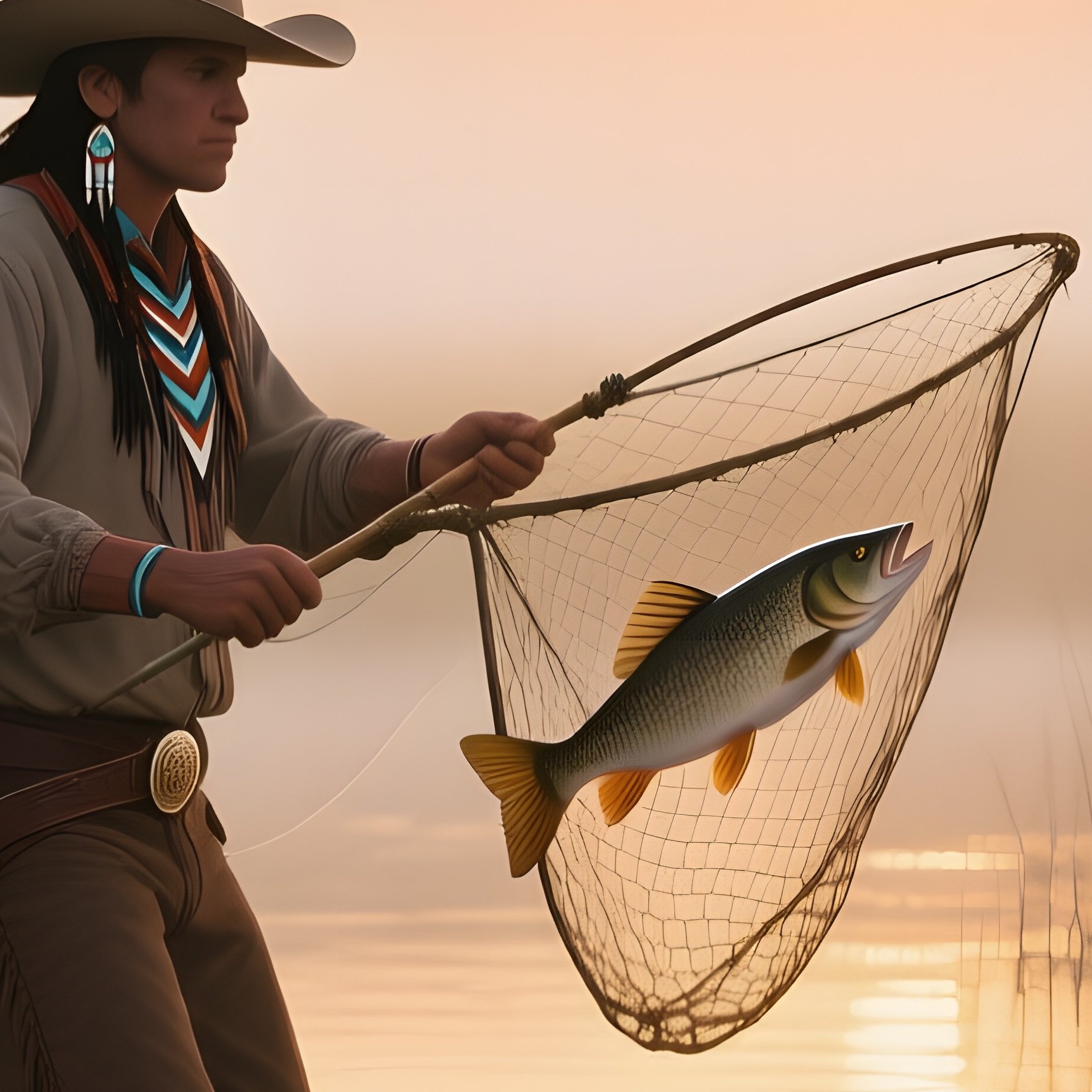 A Peaceful Sunrise Over A Misty Marshland, Reeds Swaying, A Cowboy On Foot Wades Through Shallow - Full Resolution Quality Preview