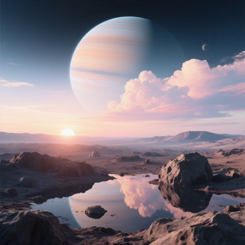 A Peaceful Sunrise Over An Asteroid Field Near A Tranquil Gas Giant, The Planet’S Pastel Colored