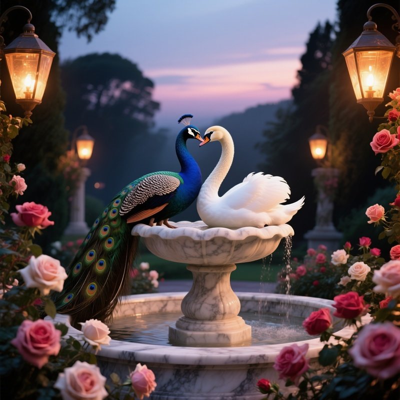 A Peacock And A White Swan Share A Regal Kiss On A Marble Fountain Surrounded By Blooming Roses At