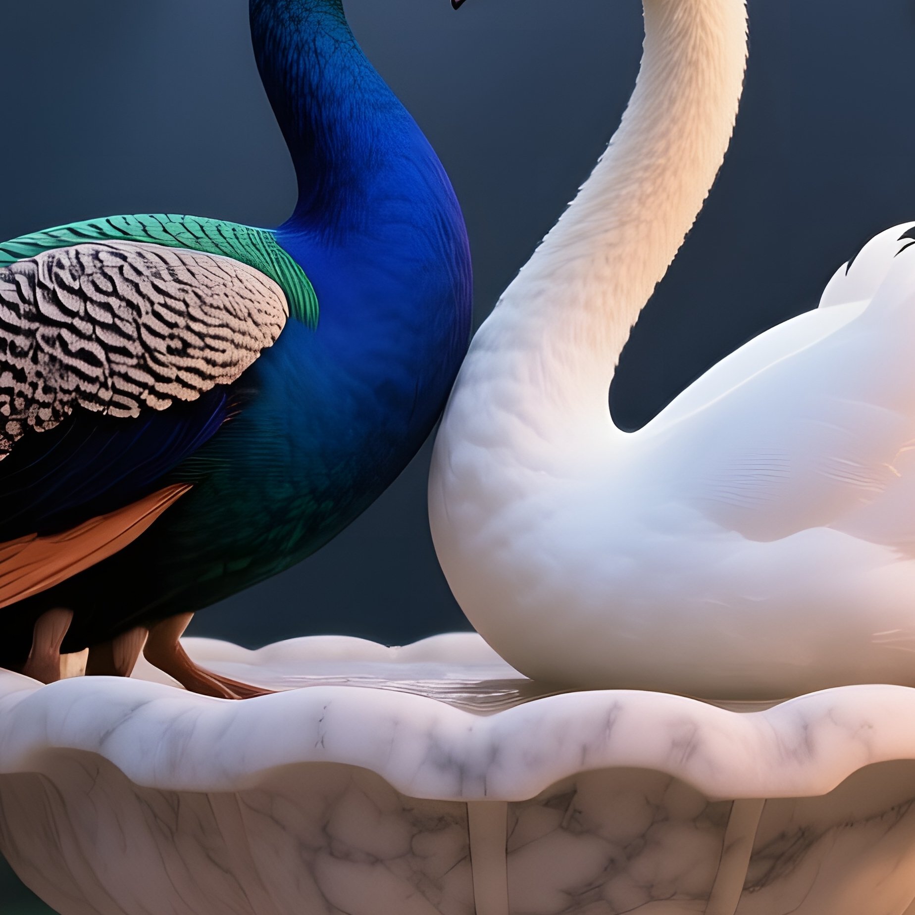 A Peacock And A White Swan Share A Regal Kiss On A Marble Fountain Surrounded By Blooming Roses At - Full Resolution Quality Preview