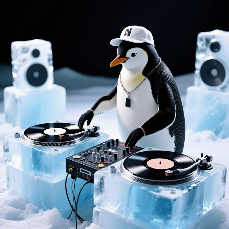 A Penguin Dj Mixing On Vinyl Record Made Of Ice