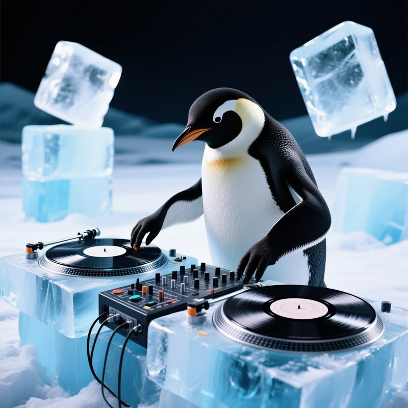 A Penguin Dj Mixing On Vinyl Record Made Of Ice