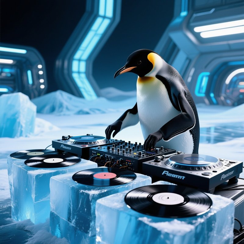 A Penguin Dj Mixing On Vinyl Records Made Of Ice