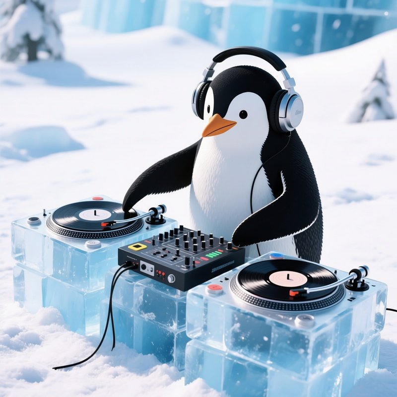 A Penguin Dj Mixing On Vinyl Records Made Of Ice