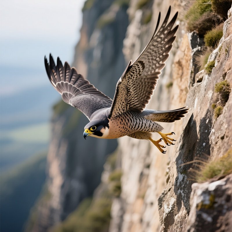 A Peregrine Falcon Diving At Full Speed Past A Cliff Face.