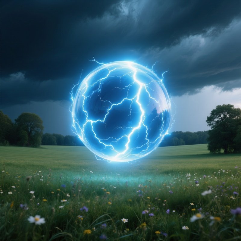 A Perfectly Spherical Lightning Ball Hovering Above A Field