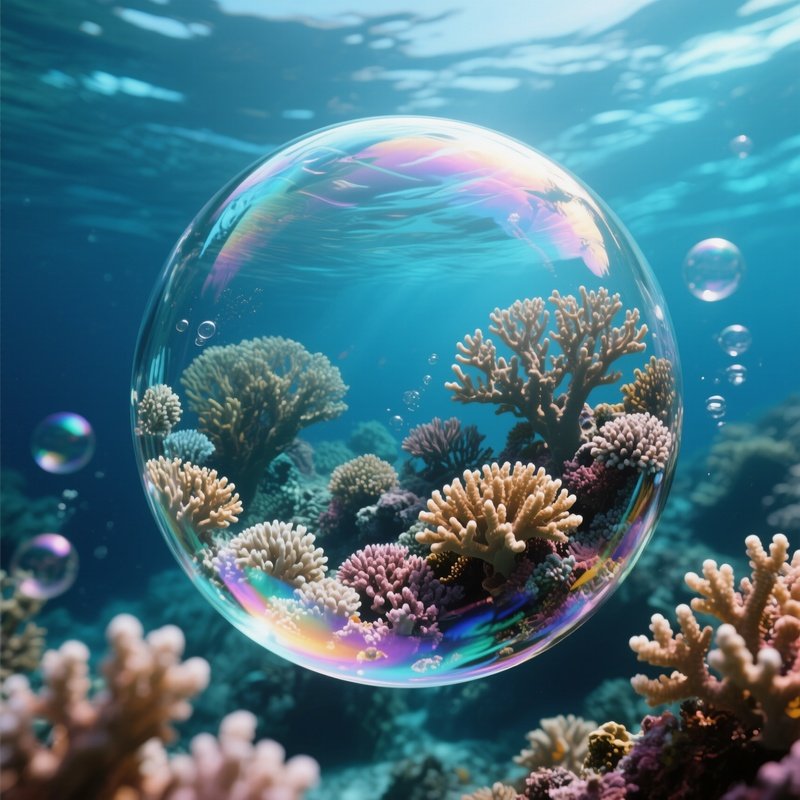 A Perfectly Spherical Underwater Air Bubble Reflecting Coral Reefs.