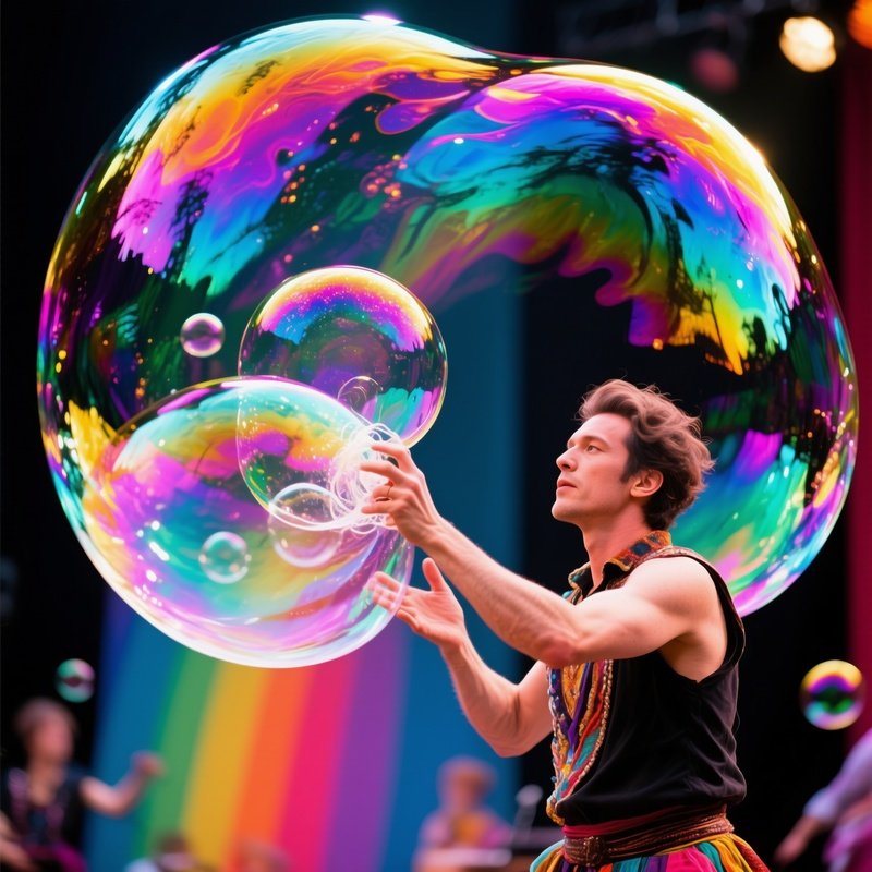 A Performer Manipulating Giant Soap Bubbles That Shimmer In Rainbow Colors