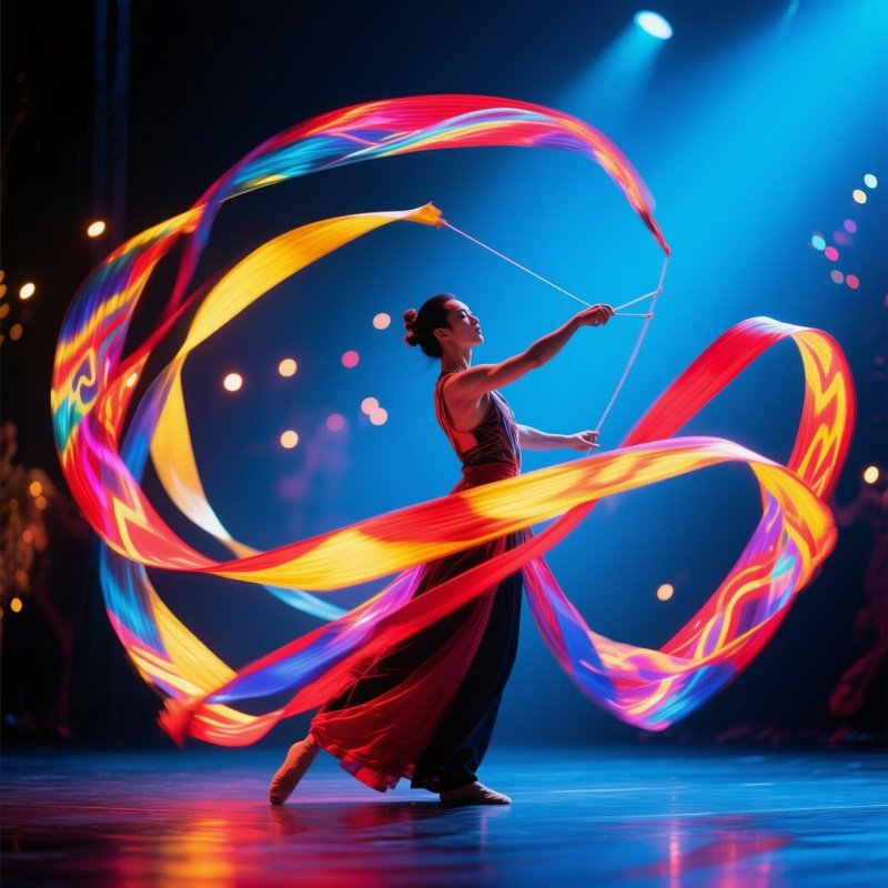 A Performer Twirling Long Ribbons Capturing Coloured Light