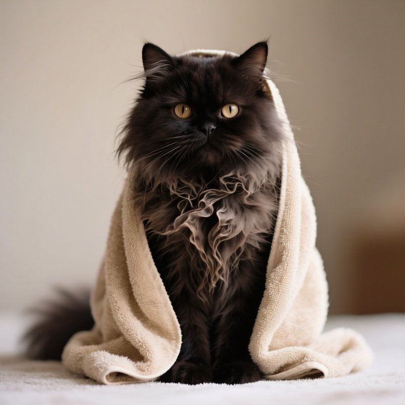 A Persian Cat After A Bath Wrapped In A Towel