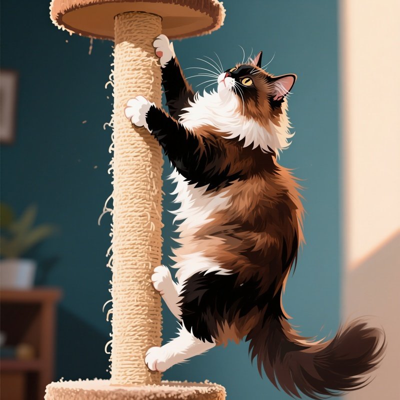 A Persian Cat Climbing A Scratching Post Mid Action