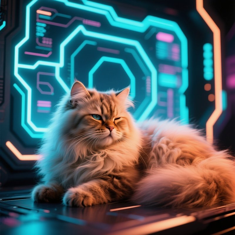 A Persian Cat Napping With One Eye Open On A Techno Background