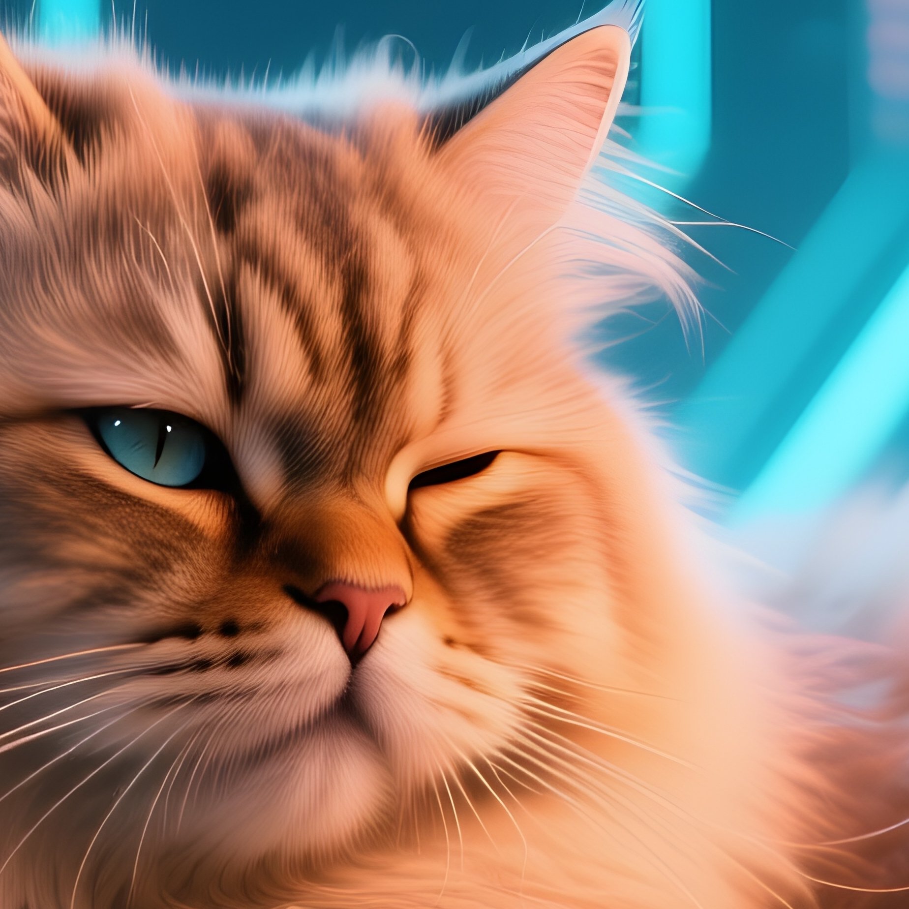 A Persian Cat Napping With One Eye Open On A Techno Background - Full Resolution Quality Preview