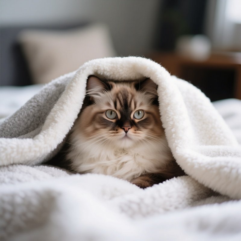 A Persian Cat Peeking Under A Blanket