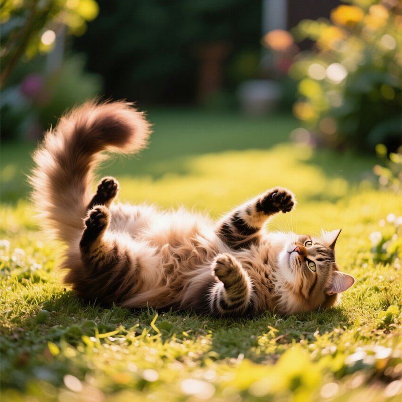 A Persian Cat Playing On Its Back In A Garden