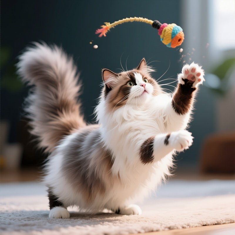 A Persian Cat Playing With A Toy In The Air