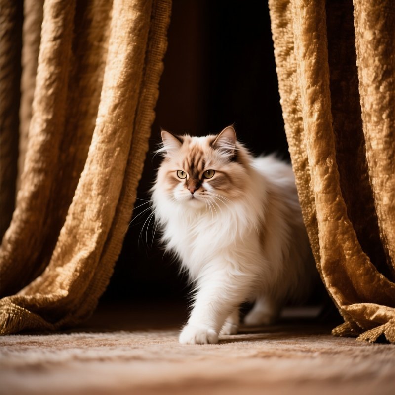 A Persian Cat Sneaking Between Curtains