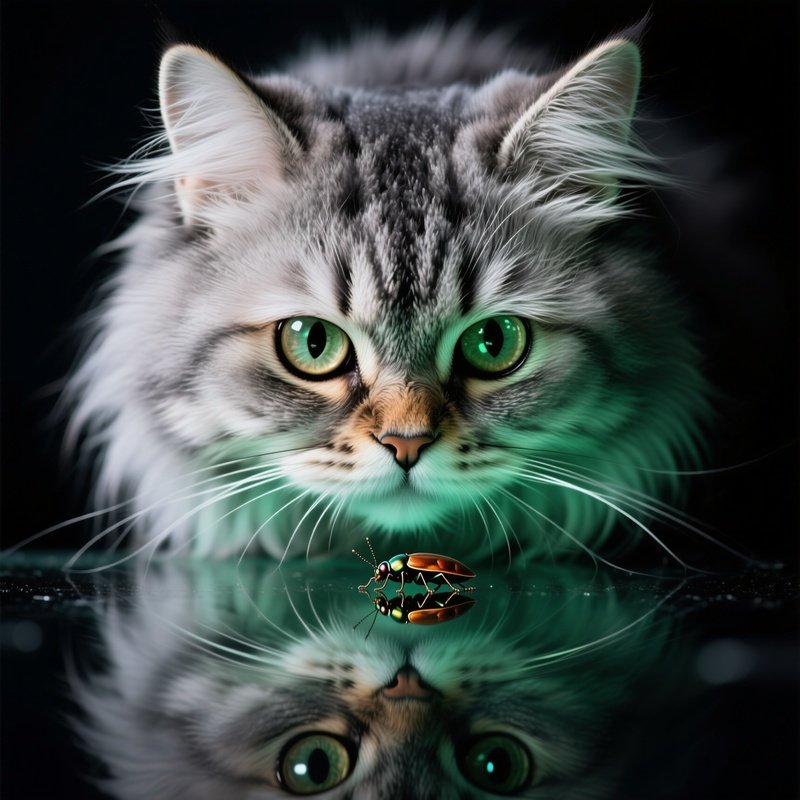 A Persian Cat Staring Intensely At A Bug Light Reflection