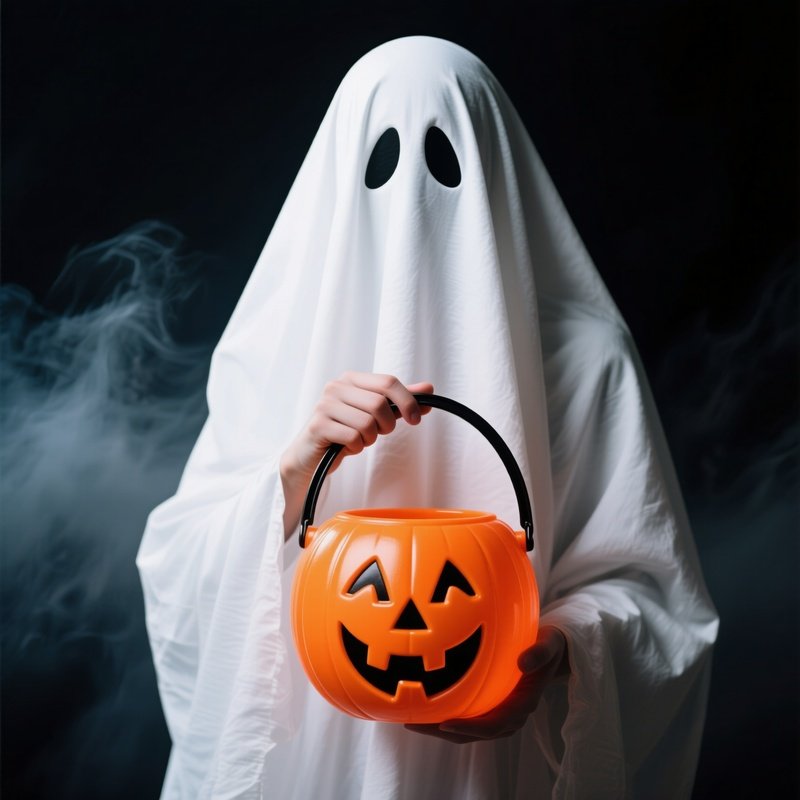A Person Dressed As A Ghost Holding An Orange Pumpkin Bucket
