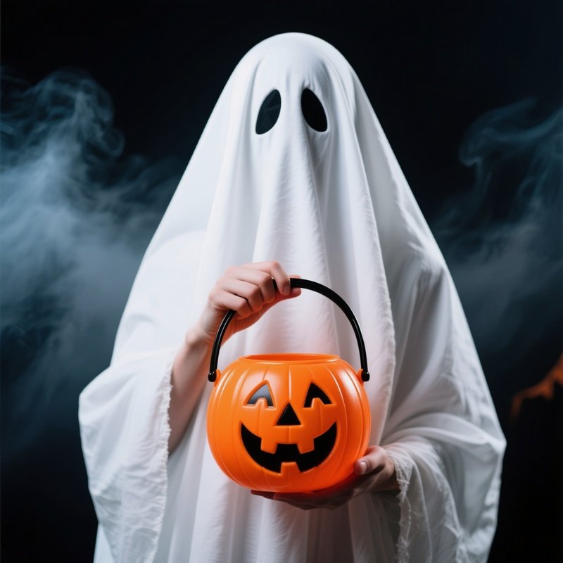 A Person Dressed As A Ghost Holding An Orange Pumpkin Bucket