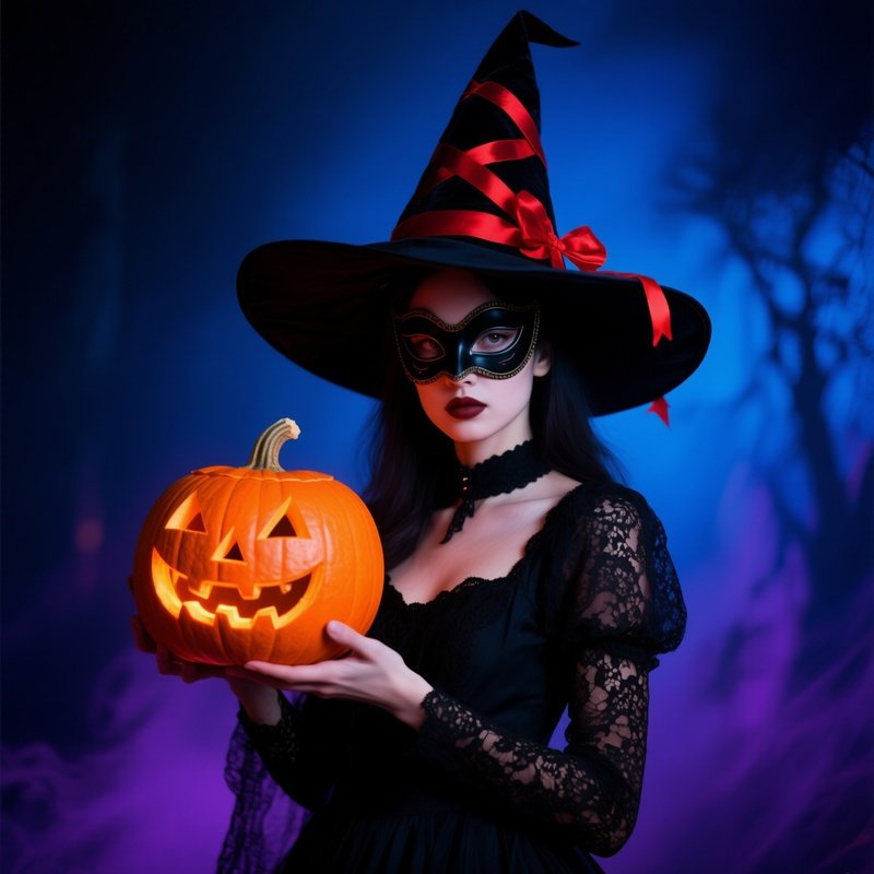 A Person Dressed As A Witch Holding A Carved Pumpkin Halloween
