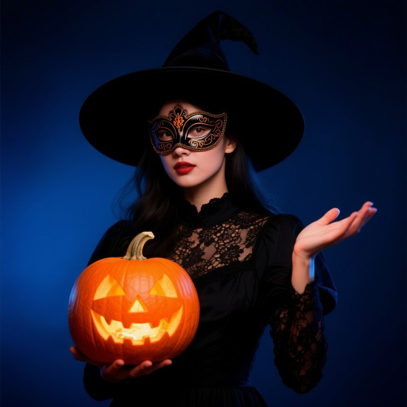 A Person Dressed As A Witch Holding A Glowing Pumpkin Halloween